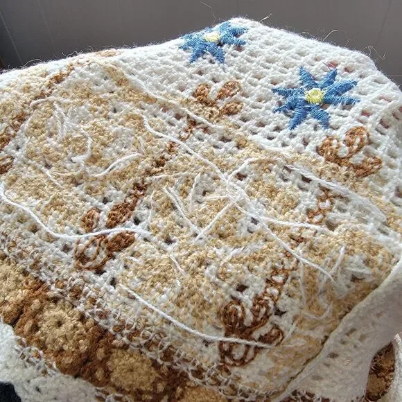 Le Lis Crochet Knit Top Button Cropped Womens Size M/L Short Sleeve Boho Beige - Picture 10 of 11